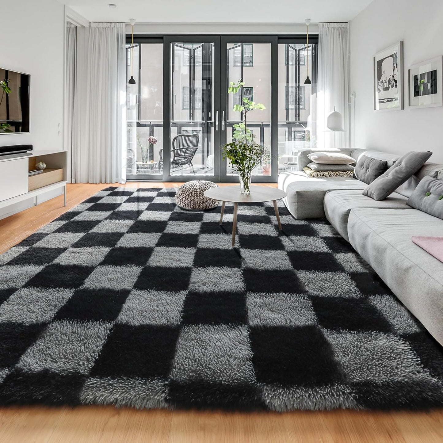 Fluffy Rugs Large Shaggy Rug Bedroom Living Room Checkered Soft Carpet Floor Mat