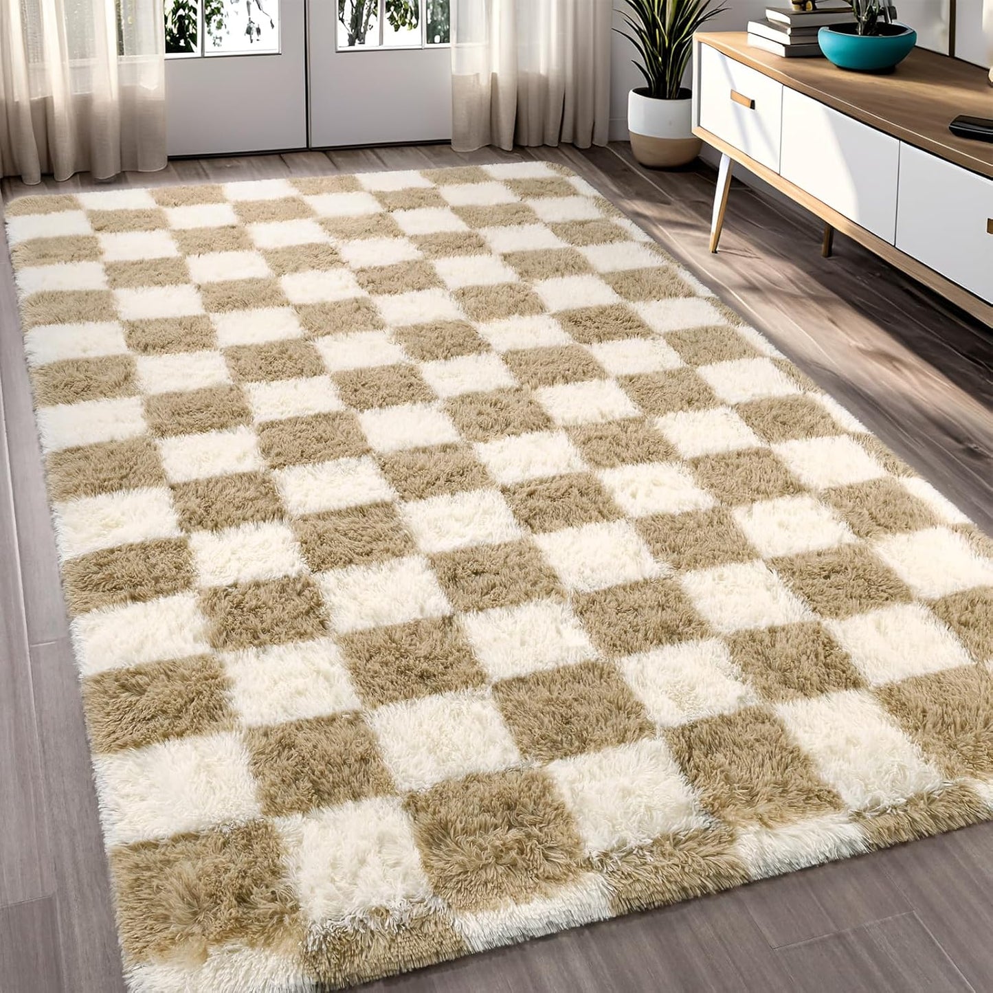 Fluffy Rugs Large Shaggy Rug Bedroom Living Room Checkered Soft Carpet Floor Mat