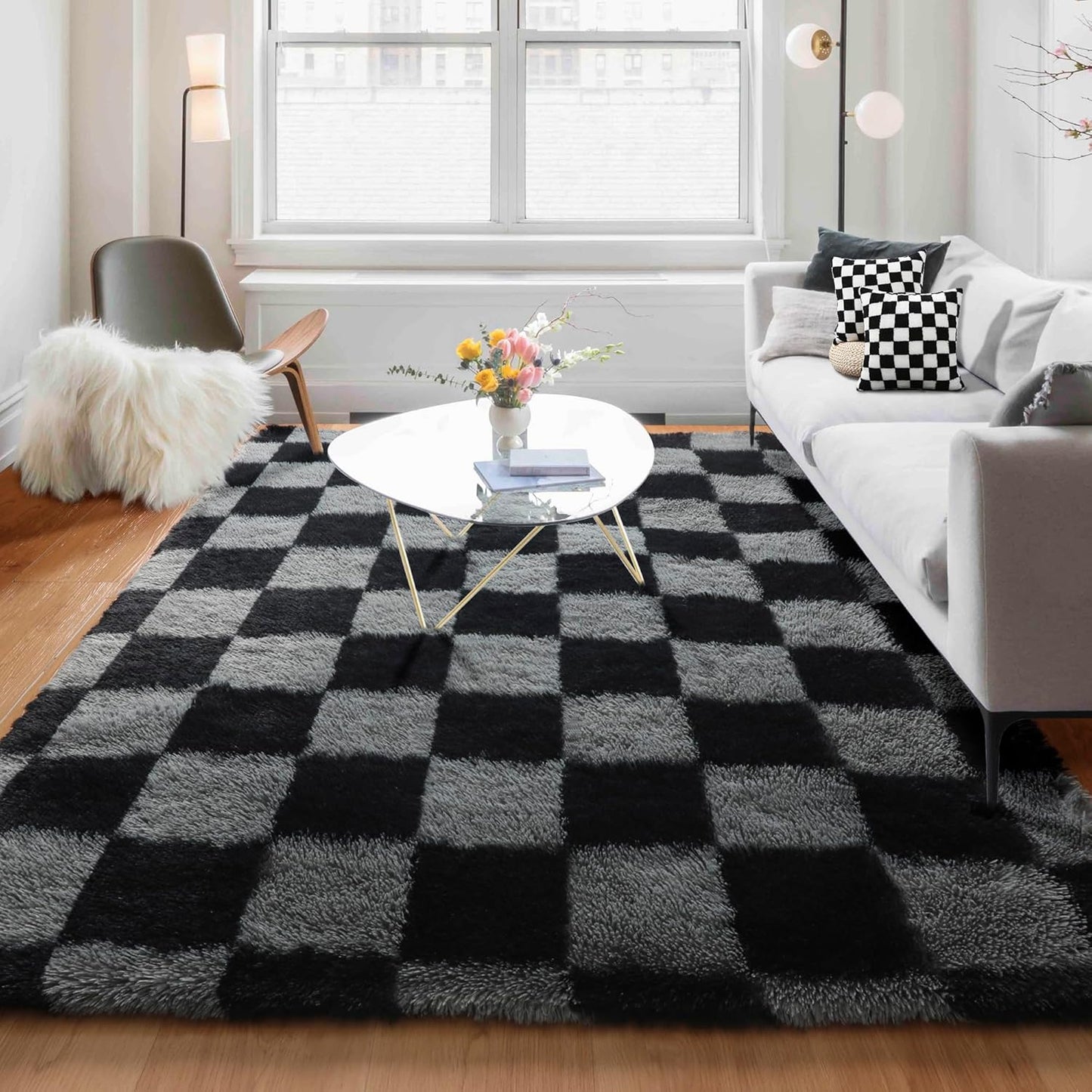 Fluffy Rugs Large Shaggy Rug Bedroom Living Room Checkered Soft Carpet Floor Mat