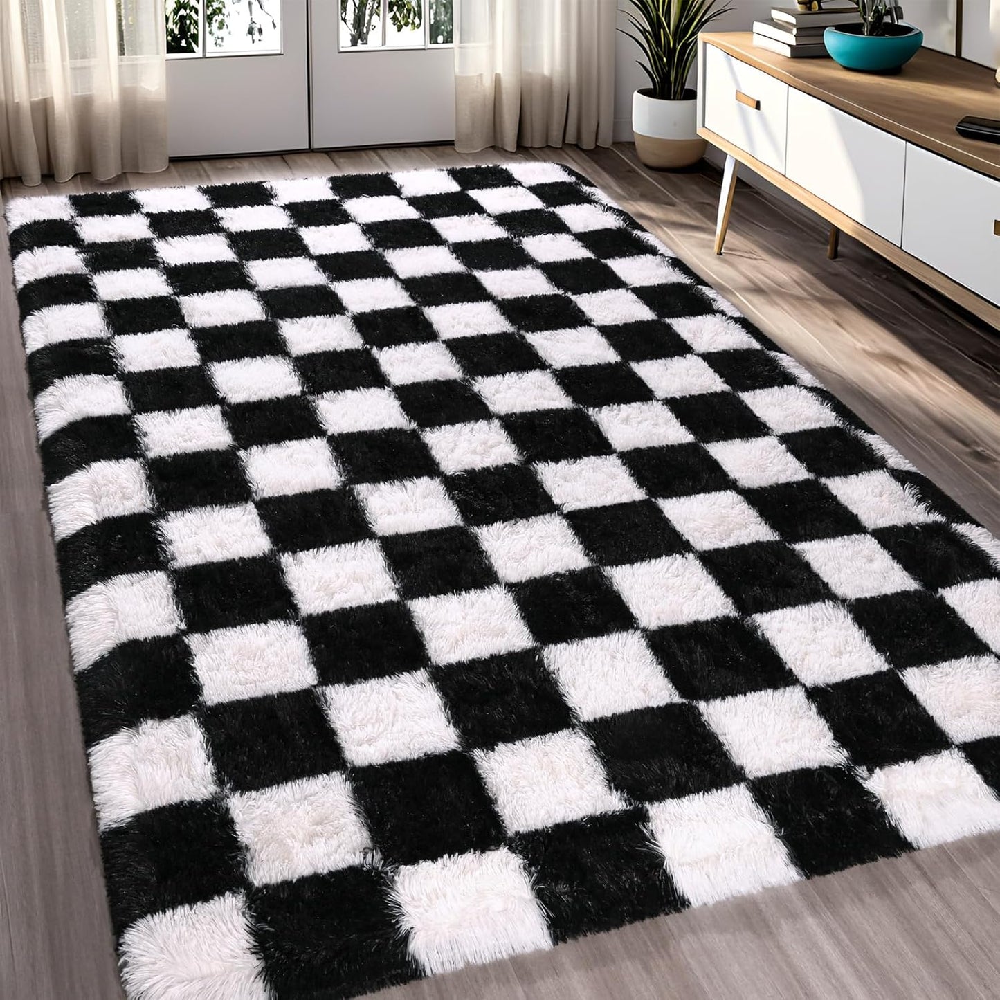 Fluffy Rugs Large Shaggy Rug Bedroom Living Room Checkered Soft Carpet Floor Mat