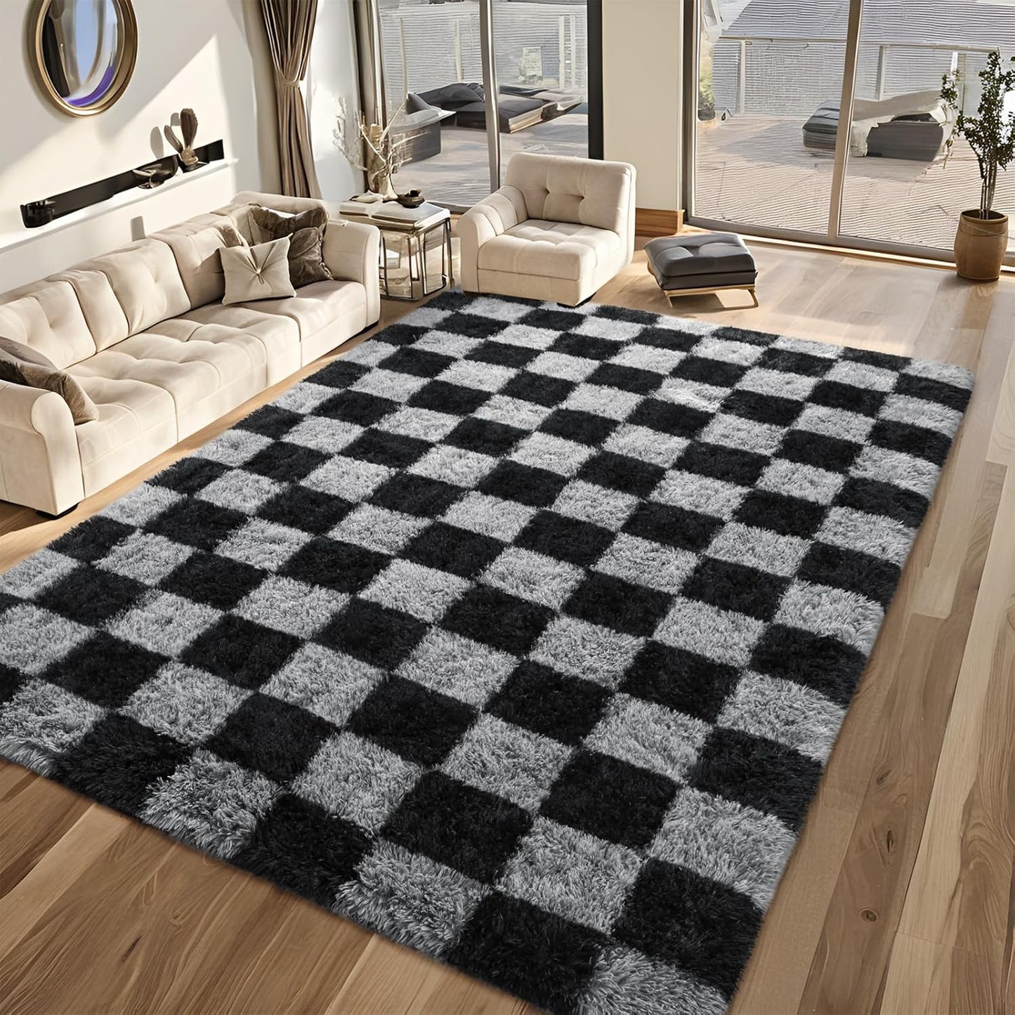 Fluffy Rugs Large Shaggy Rug Bedroom Living Room Checkered Soft Carpet Floor Mat