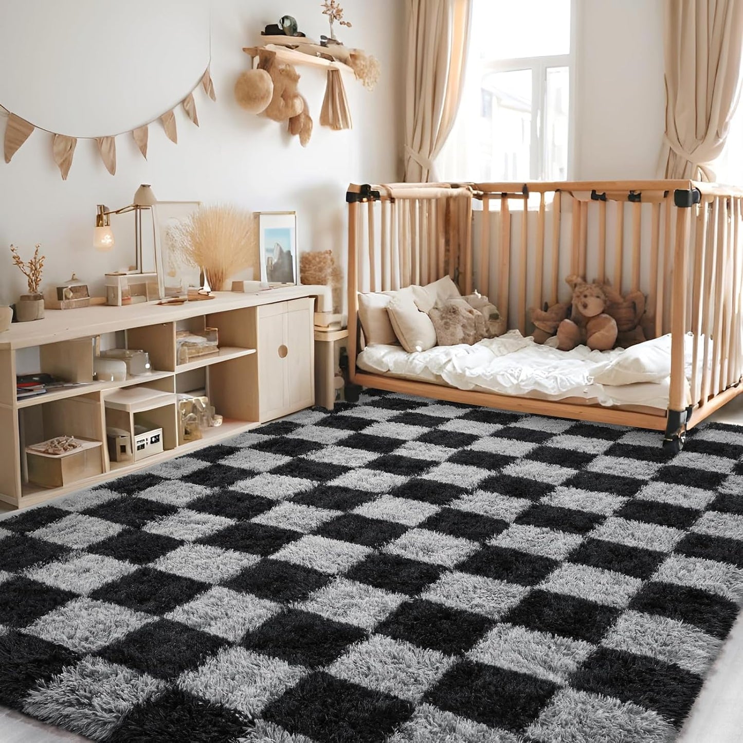 Fluffy Rugs Large Shaggy Rug Bedroom Living Room Checkered Soft Carpet Floor Mat