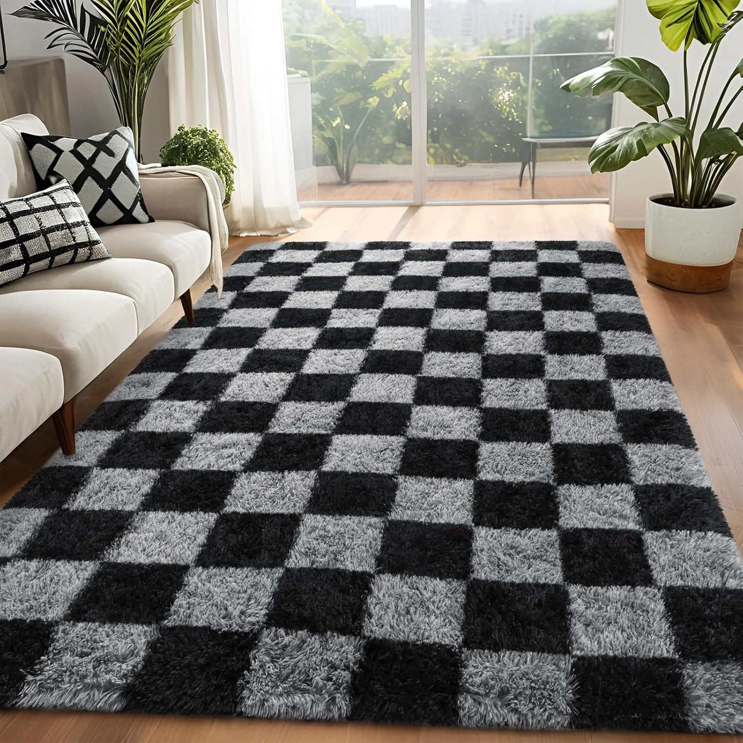 Fluffy Rugs Large Shaggy Rug Bedroom Living Room Checkered Soft Carpet Floor Mat