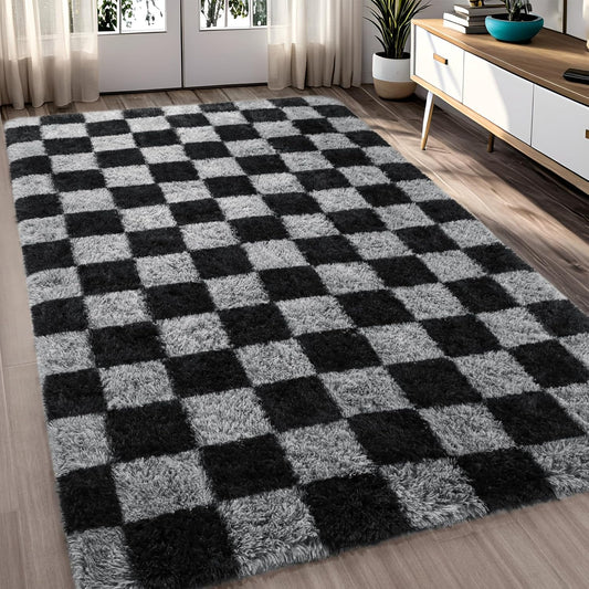 Fluffy Rugs Large Shaggy Rug Bedroom Living Room Checkered Soft Carpet Floor Mat
